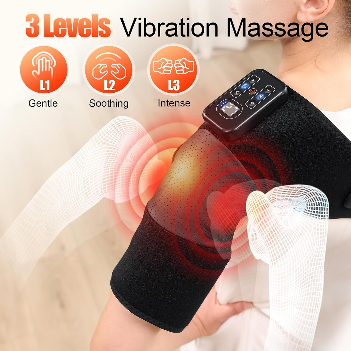 AuraLab cordless 2-in-1 knee and shoulder massager with heat, featuring a sleek design and adjustable straps for targeted relief.