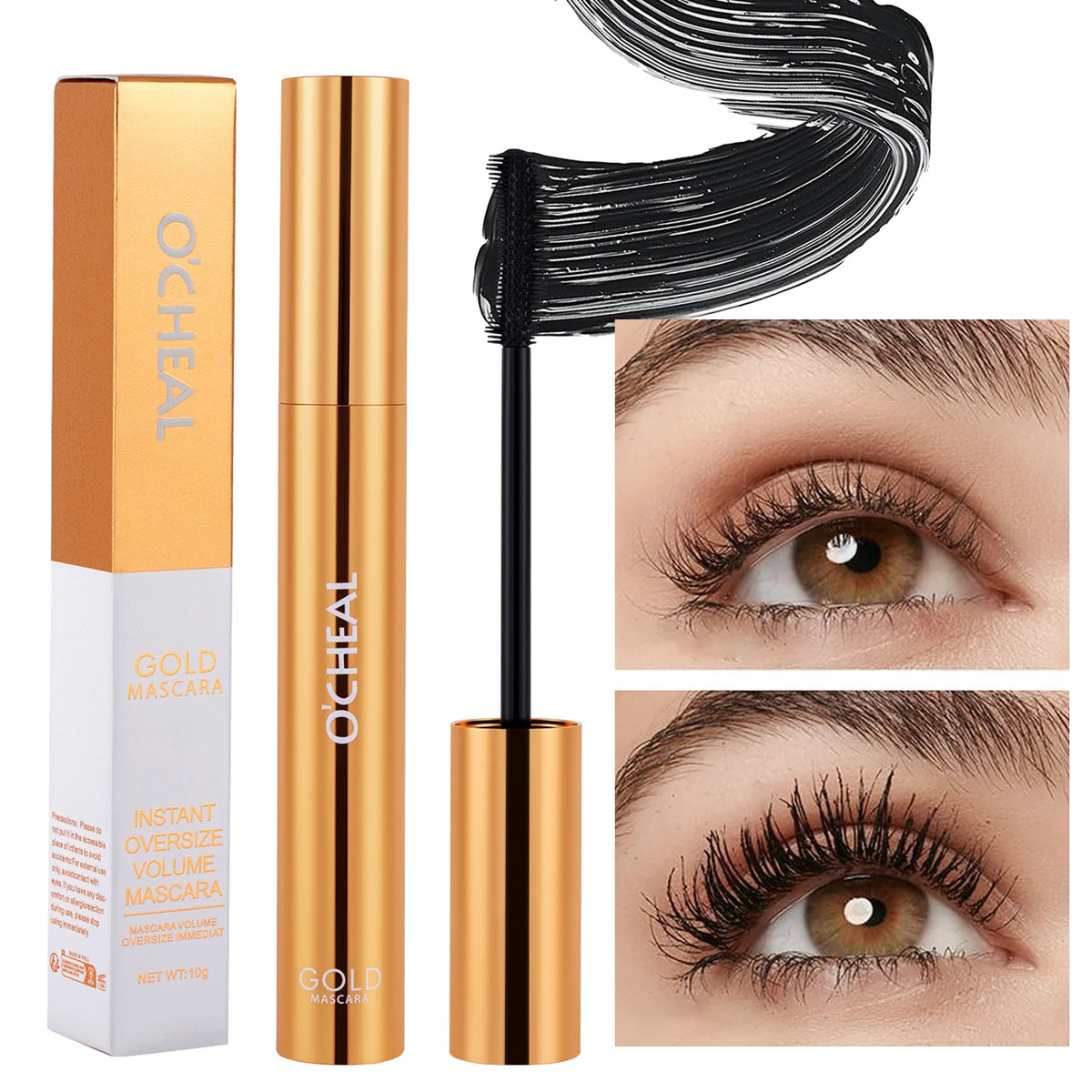 AuraLab O‘Cheal black mascara with 3D silk brush, showing thick, curled, and lengthened eyelashes in a beauty makeup setting.
