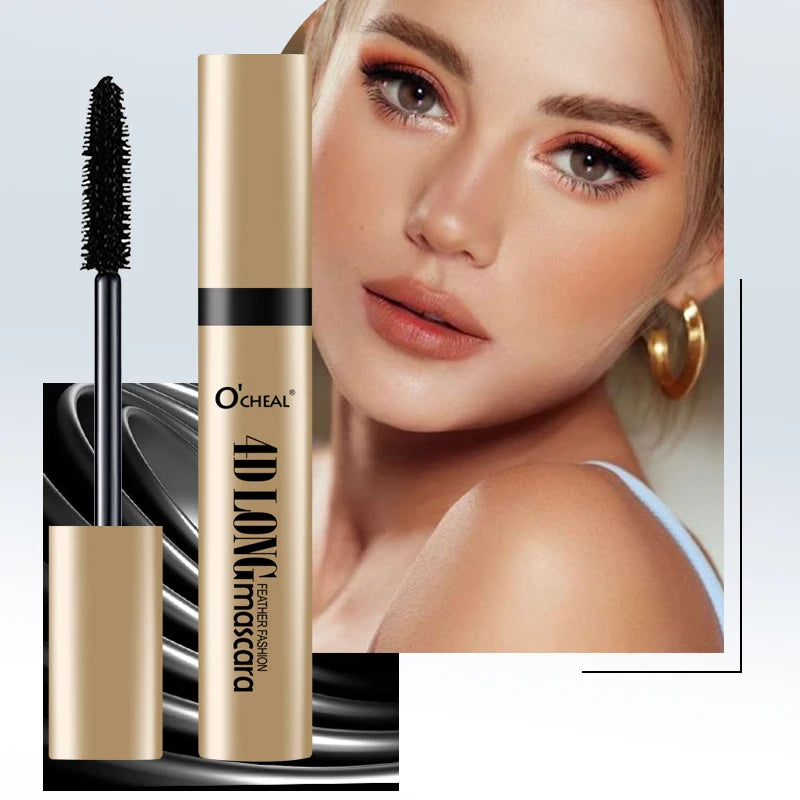 AuraLab O‘Cheal black mascara with 3D silk brush, showing thick, curled, lengthened eyelashes in a beauty makeup application.