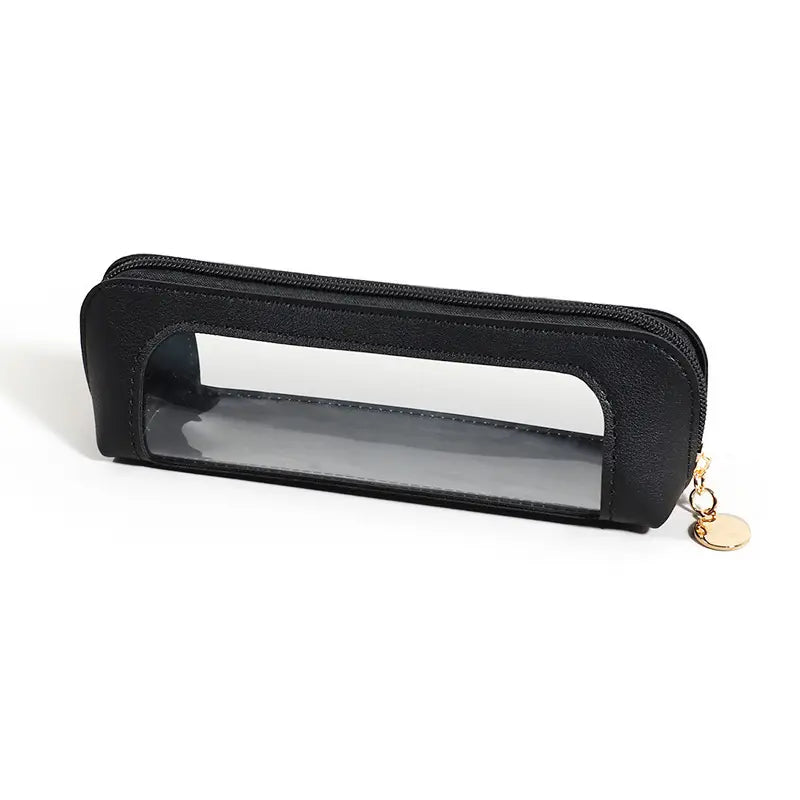 Portable Makeup Brush & Cosmetic Bag: black cosmetic pouch with a transparent window for easy viewing.