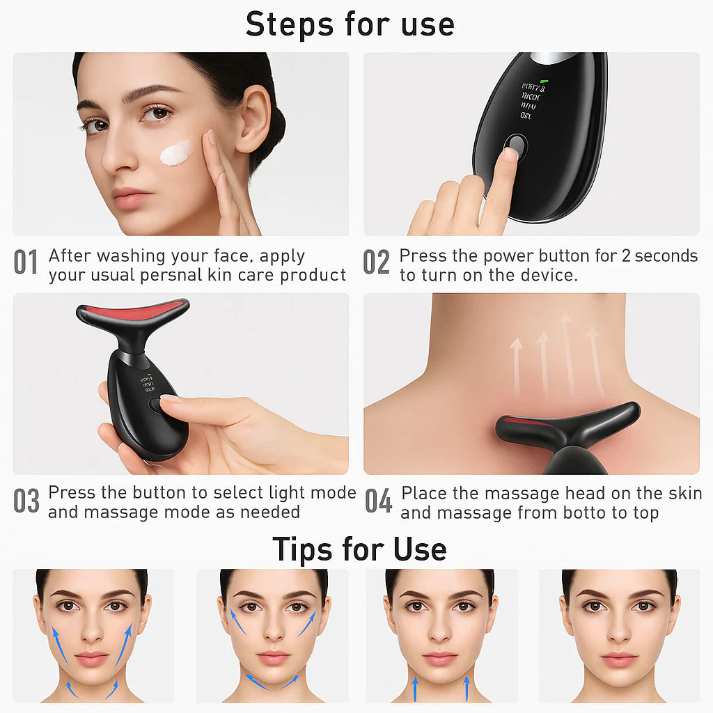 AuraLab neck and face lifting massager with LED lights for skin tightening and wrinkle reduction, targeting double chin area.