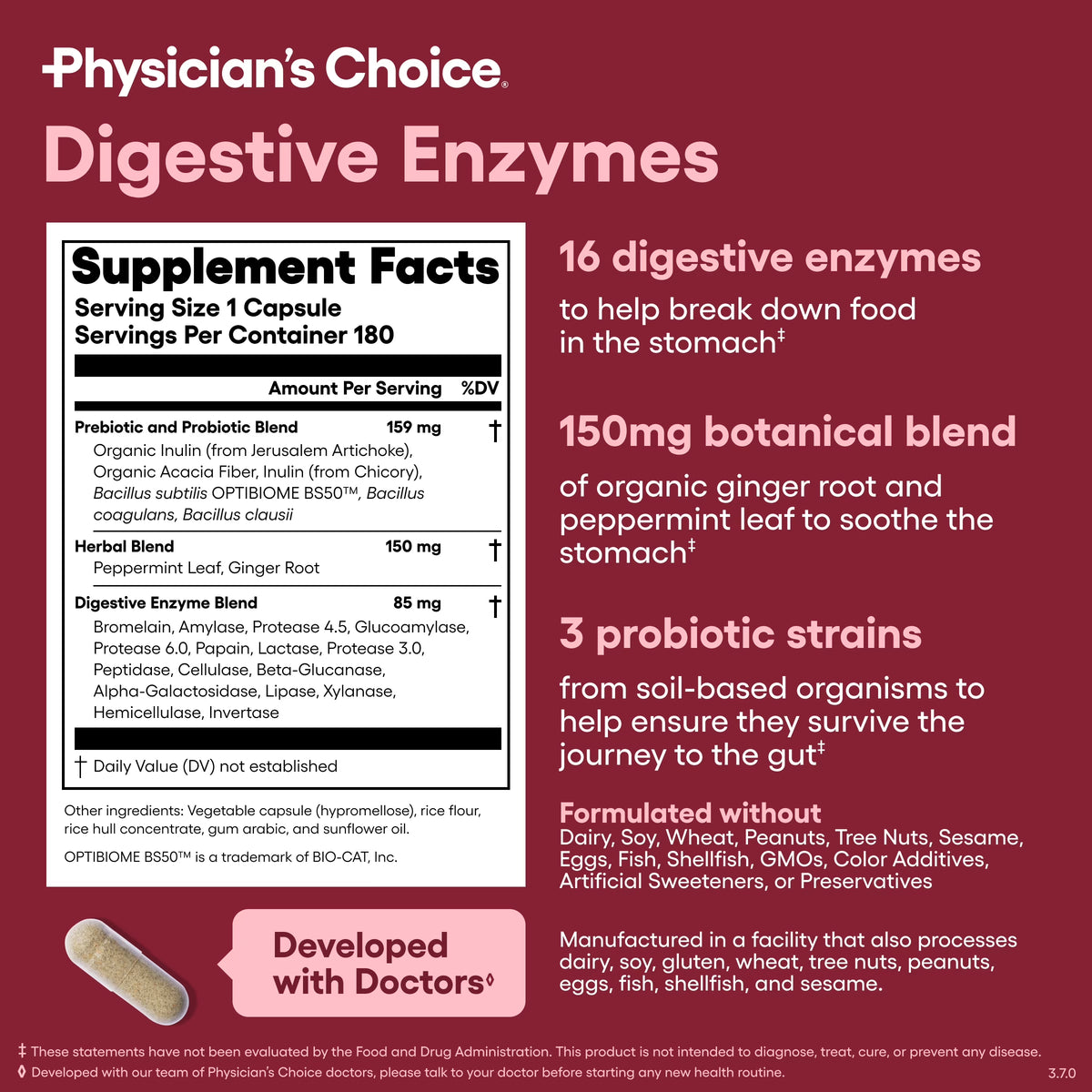 AuraLab Physician's Choice Digestive Enzymes bottle with 180 capsules, supporting gut health, digestion, and reducing bloating.
