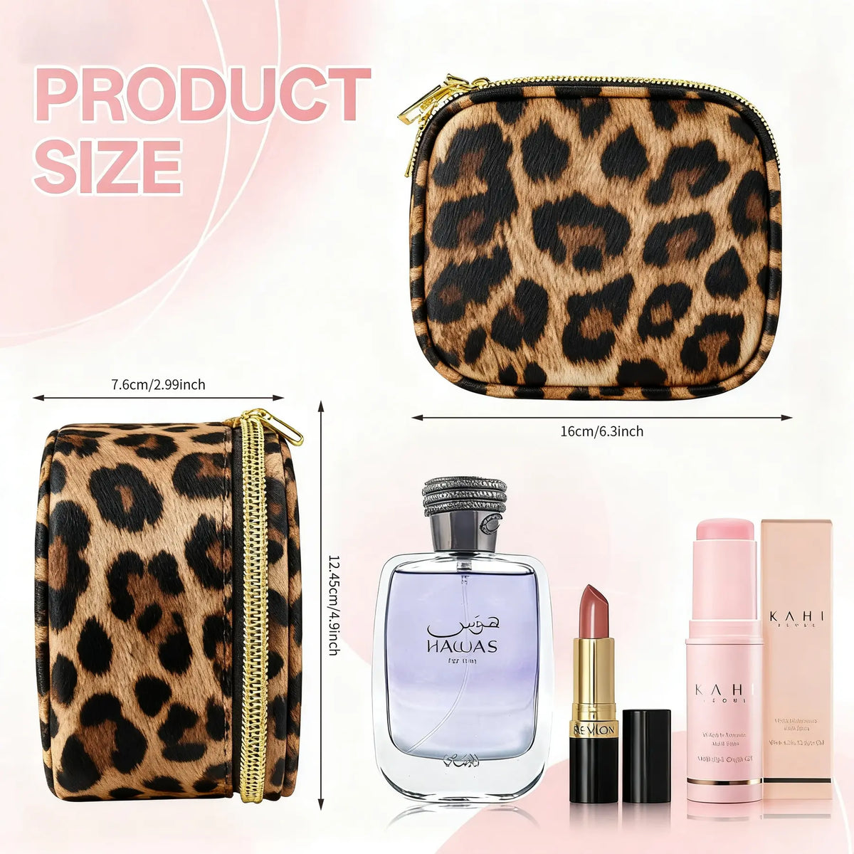 Leopard Print Mini Travel Makeup Bag with LED Light Mirror, 500Mah Rechargeable Touch Dimmable Beauty Storage Pouch for Travel, Cosmetic Bags