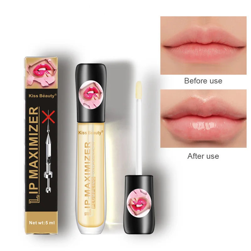 AuraLab lip plumper serum with glossy finish, showcasing a shiny, moisturized lips look that enhances elasticity and reduces fine lines.