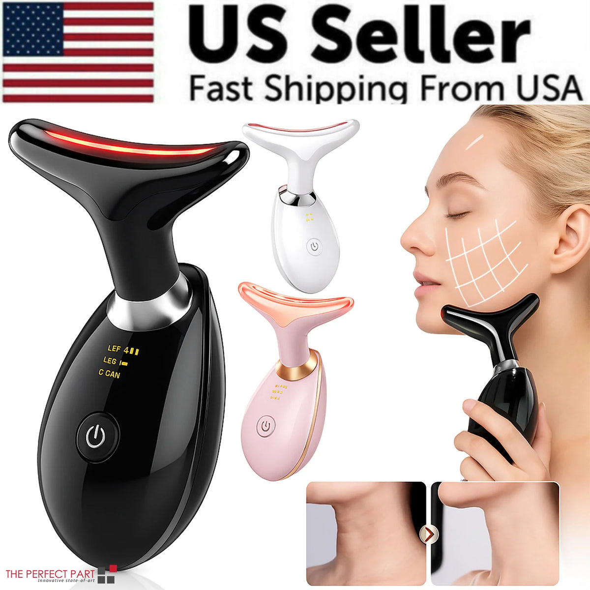 AuraLab neck face lifting massager with LED skin tightening device for anti-wrinkle and double chin reduction, shown in use.