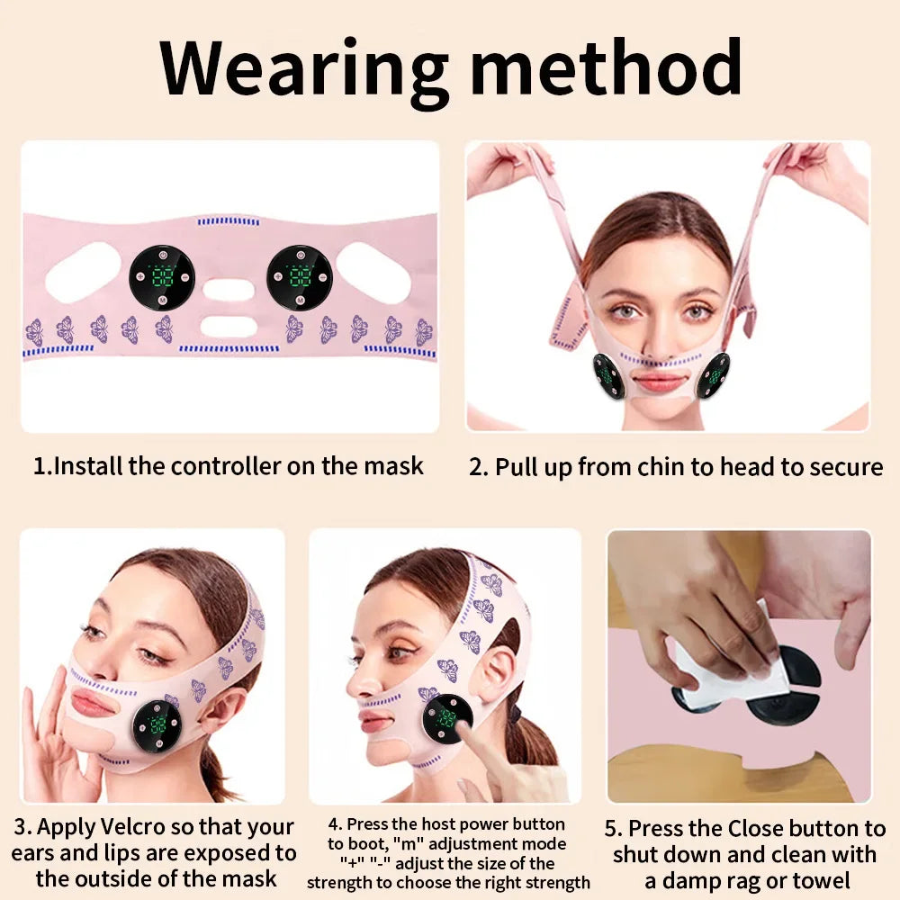 AuraLab EMS face massage mask with slim strap, USB charging, for facial lifting, double chin reduction, and cheek lifting.