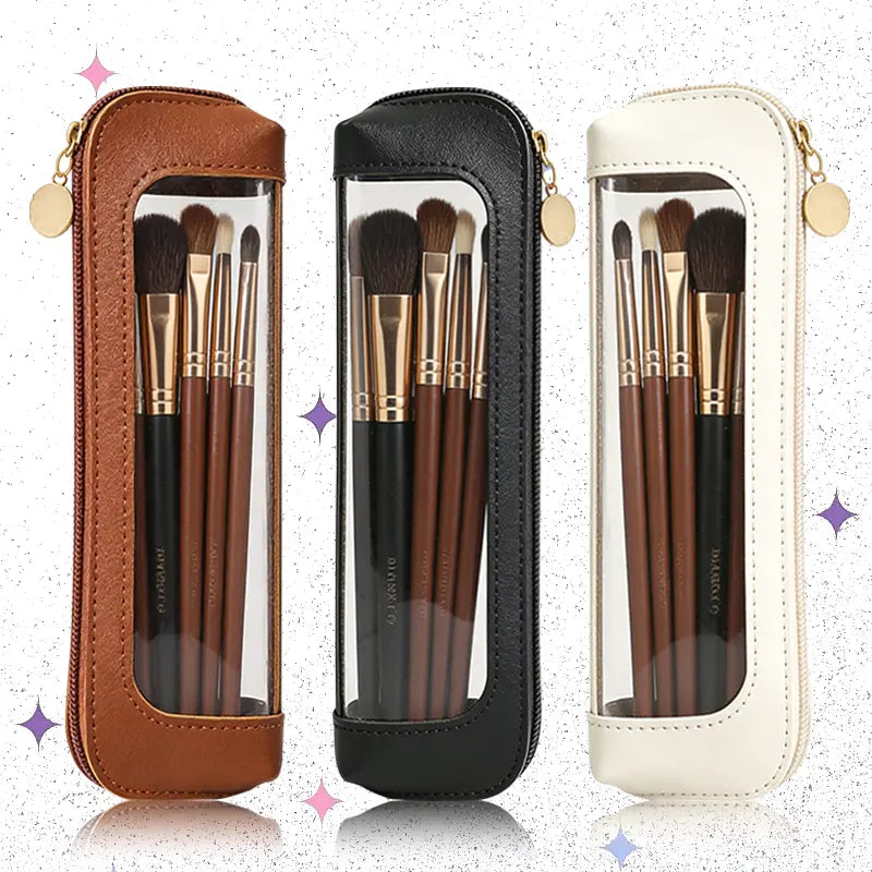 Portable Makeup Brush & Cosmetic Bag with brushes in brown, black, and white travel-friendly pouches.