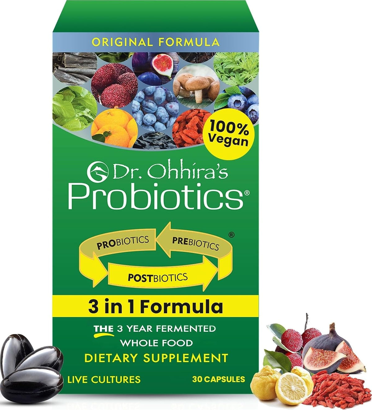 AuraLab Dr Ohhira's 3-in-1 probiotics, prebiotics, and postbiotics supplement in vegan capsules for digestive health support.