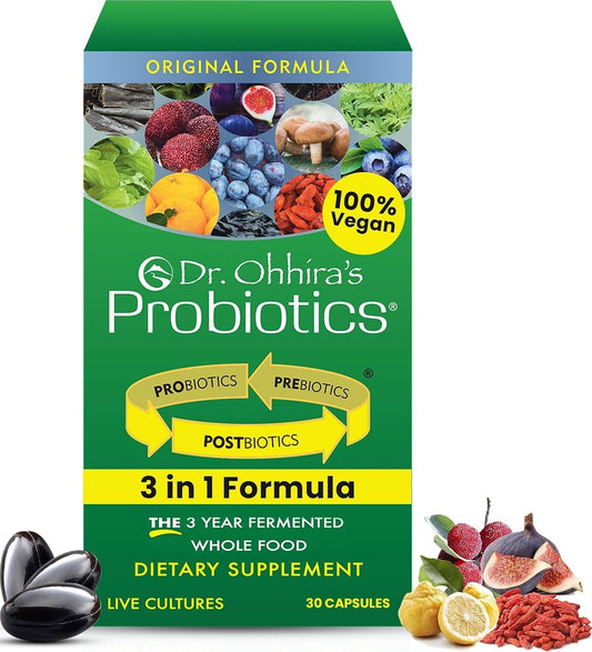 AuraLab Dr Ohhira's 3-in-1 probiotics, prebiotics, and postbiotics supplement in vegan capsules for digestive health support.