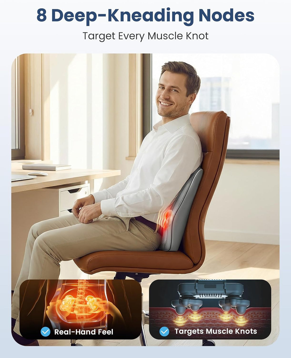 AuraLab gray shiatsu back massager with heat and vibration, showing kneading massage nodes on a portable pillow design.