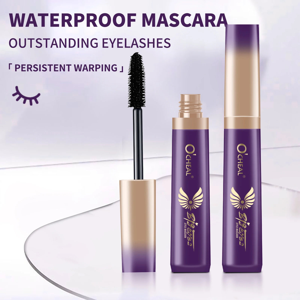 AuraLab O‘Cheal black mascara with 3D silk brush showing thick, curling, lengthening eyelashes for beauty and makeup enhancement.