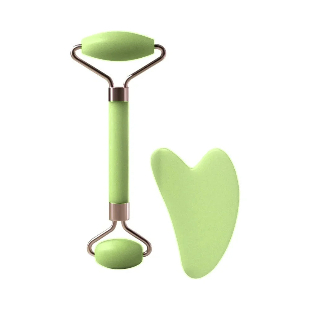 AuraLab dual size facial massage kit with heart-shaped Gua Sha board and double-end roller for skin lifting and puffiness reduction.
