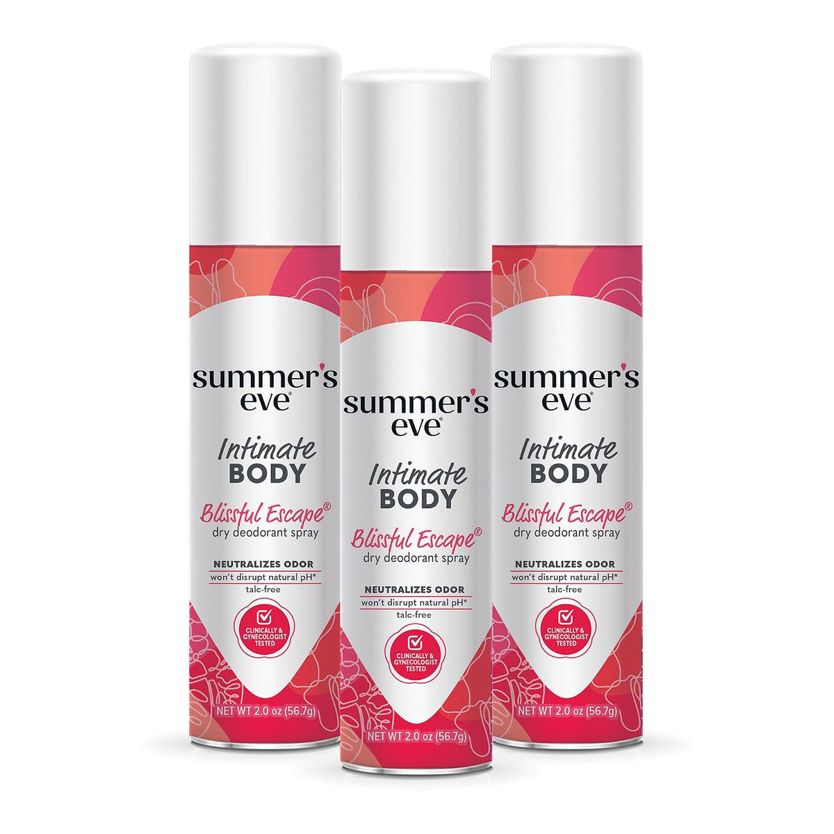 AuraLab Daily Refreshing Feminine Spray Blissful Escape 2 Oz, 3-pack, with soothing floral scent and discreet spray bottle design.