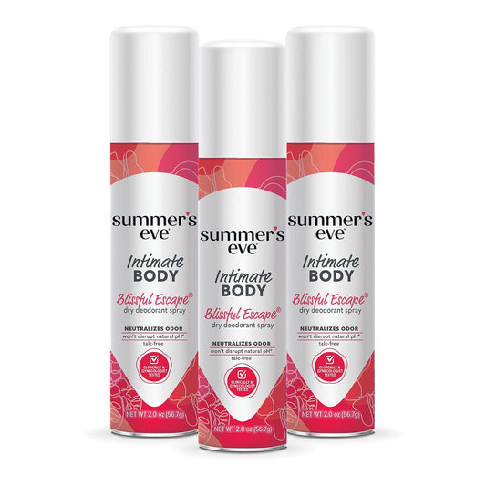 AuraLab Daily Refreshing Feminine Spray Blissful Escape 2 Oz, 3-pack, with soothing floral scent and discreet spray bottle design.