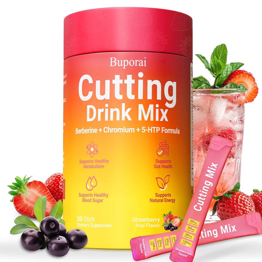 AuraLab Cutting Drink Mix with Berberine, 5-HTP, Yerba Mate, and Magnesium, vegan and sugar-free, in 30 packs.