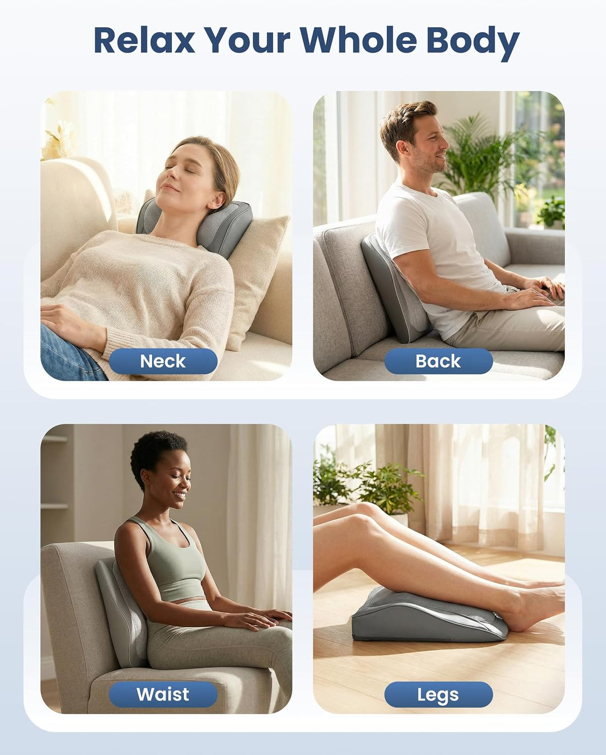 Gray AuraLab Shiatsu back massager with heat and vibration, showing deep tissue kneading for neck, shoulder, and lower back pain relief.