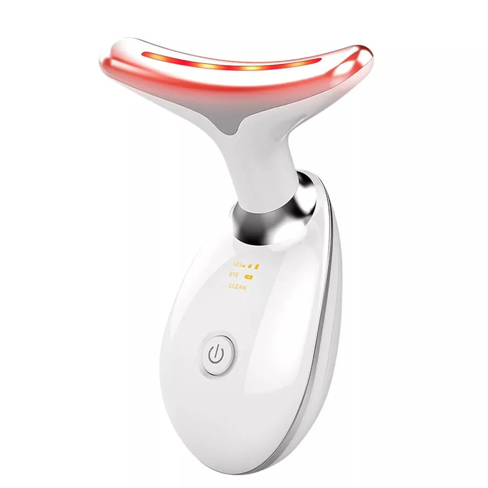 AuraLab neck face lifting massager with LED lights for skin tightening and anti-wrinkle treatment, targeting double chin.