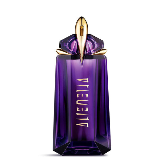 AuraLab Mugler Alien Eau De Parfum bottle with floral woody scent, showcasing elegant perfume packaging and design.
