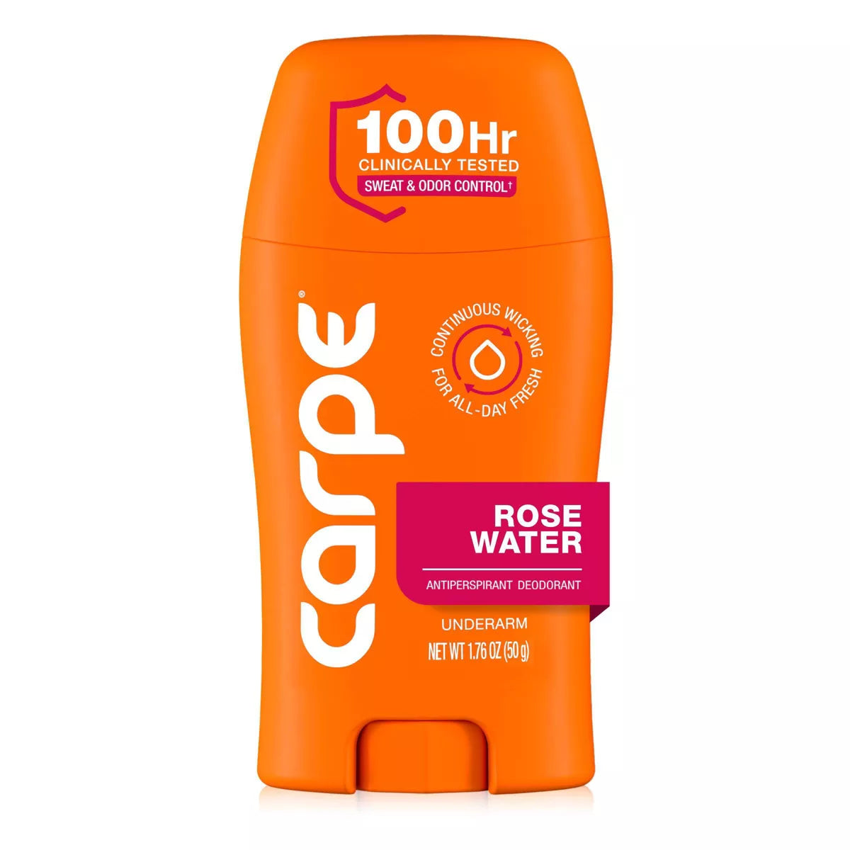 AuraLab Carpe Women’s 100HR sweat and odor control underarm antiperspirant deodorant, 1.76oz, with sleek packaging visible.