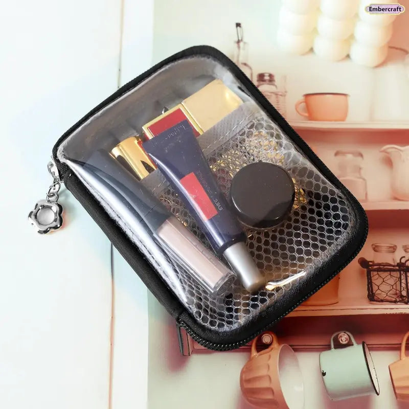 Women'S Partitioned Polyester Mini Makeup Bag - Organized Built-In Organizer, Zipper Closure, Portable Toiletry Holder, Ideal for Airplane Travel & Daily Use, Fashion Accessory, Useful Mini Gifts for Women