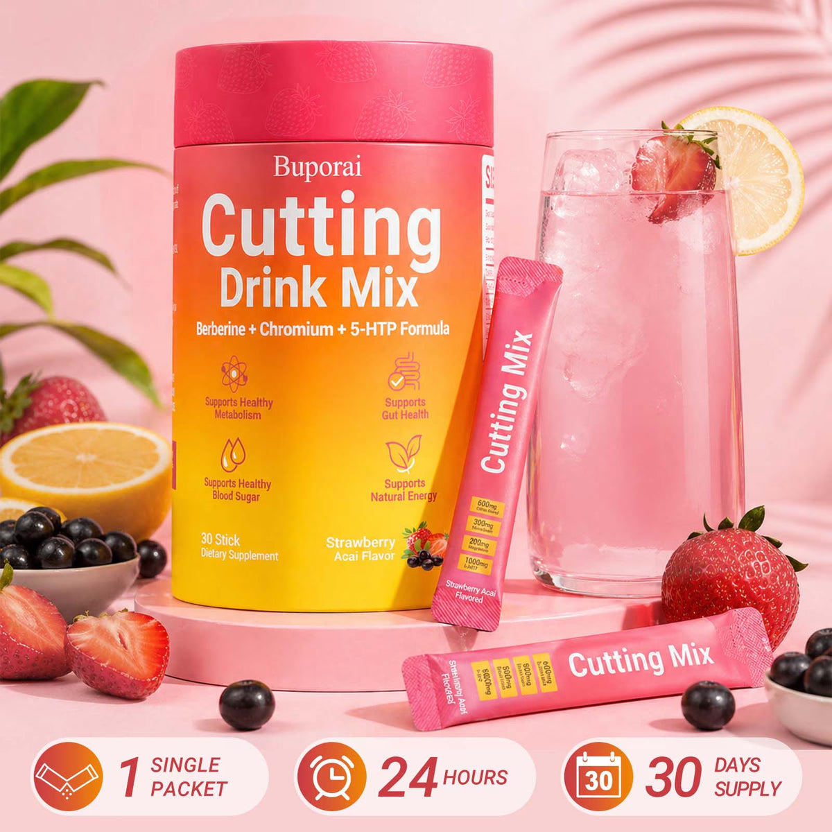 AuraLab Cutting Drink Mix cans with Berberine, 5-HTP, Yerba Mate, and Magnesium for weight management and gut health.