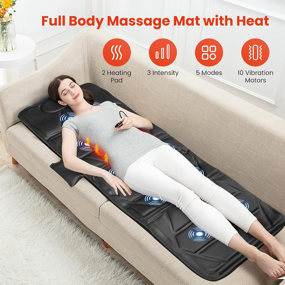 AuraLab full body massage mat with heat and 10 motors, designed for sofa or bed relaxation and muscle relief.
